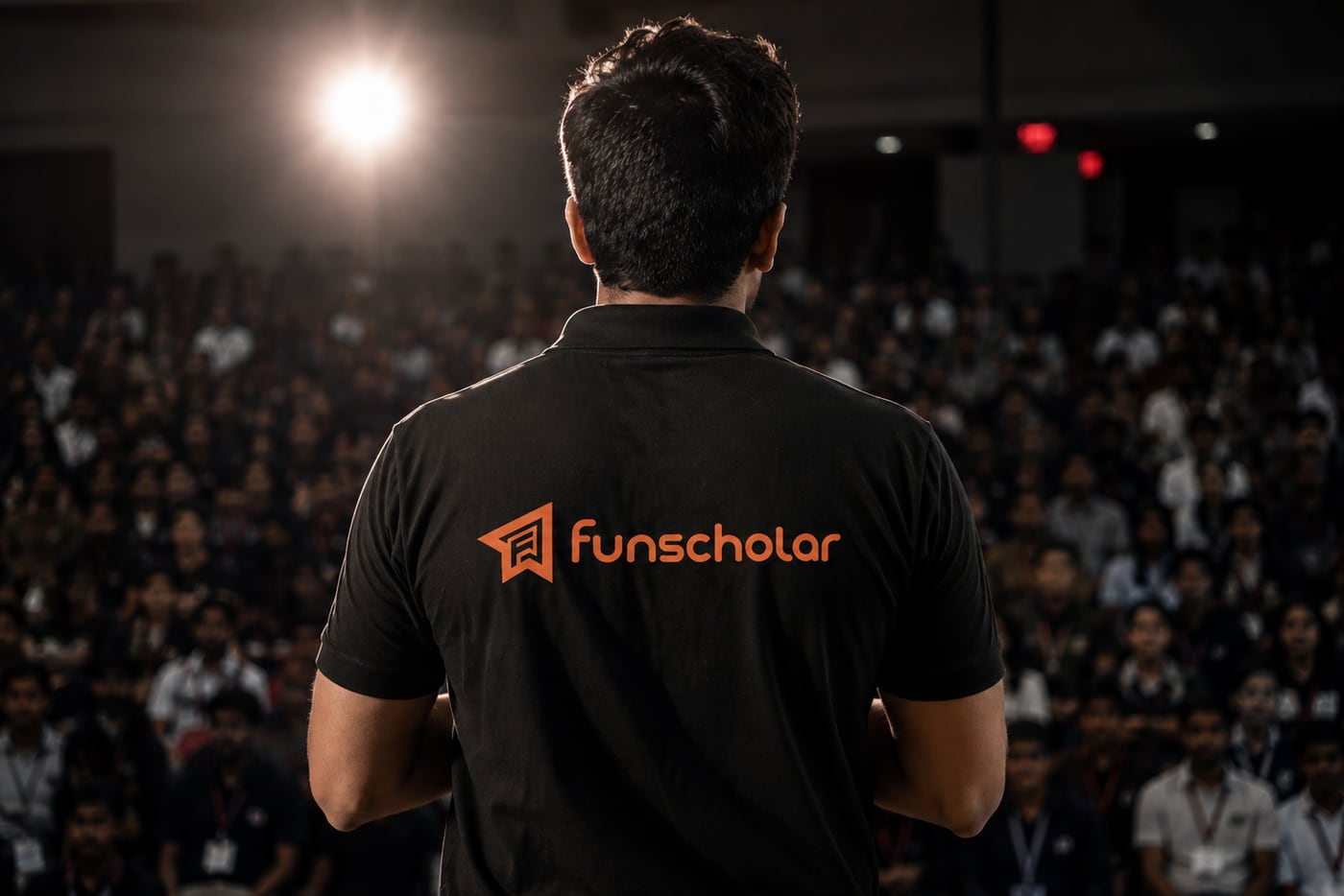 Funscholar team member in a branded polo facing a packed student auditorium